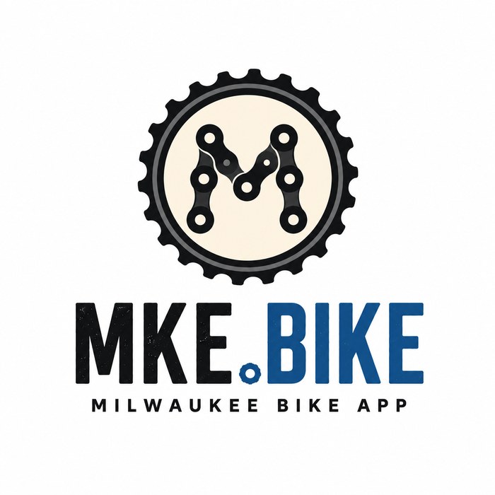 MKE.bike logo: a letter M made of bike chain inside a gear. Milwaukee Bike App.