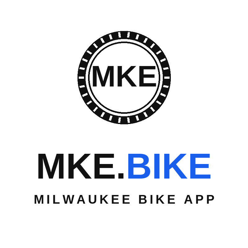 MKE.bike logo: MKE lettering inside a bike-tire emblem above the MKE.BIKE wordmark. Milwaukee Bike App.